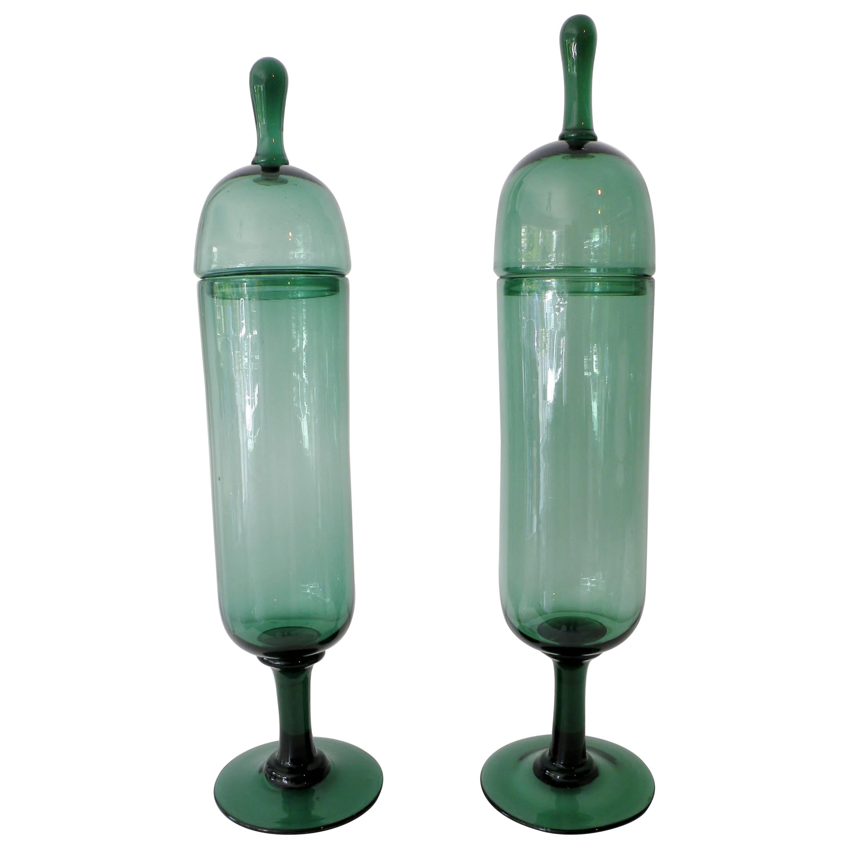 Pair of Architectural Italian Empoli Verde Art Glass Apothecary Jars For Sale