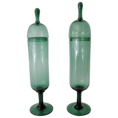 Vintage Pair of Architectural Italian Empoli Verde Art Glass Apothecary Jars