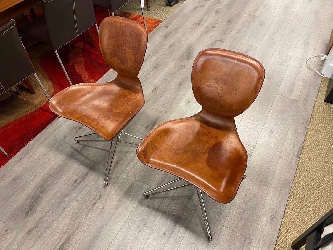 Vintage pair of leather architectural desk chairs that have a standard, seventeen inch, seat height.
All other dimensions are below.