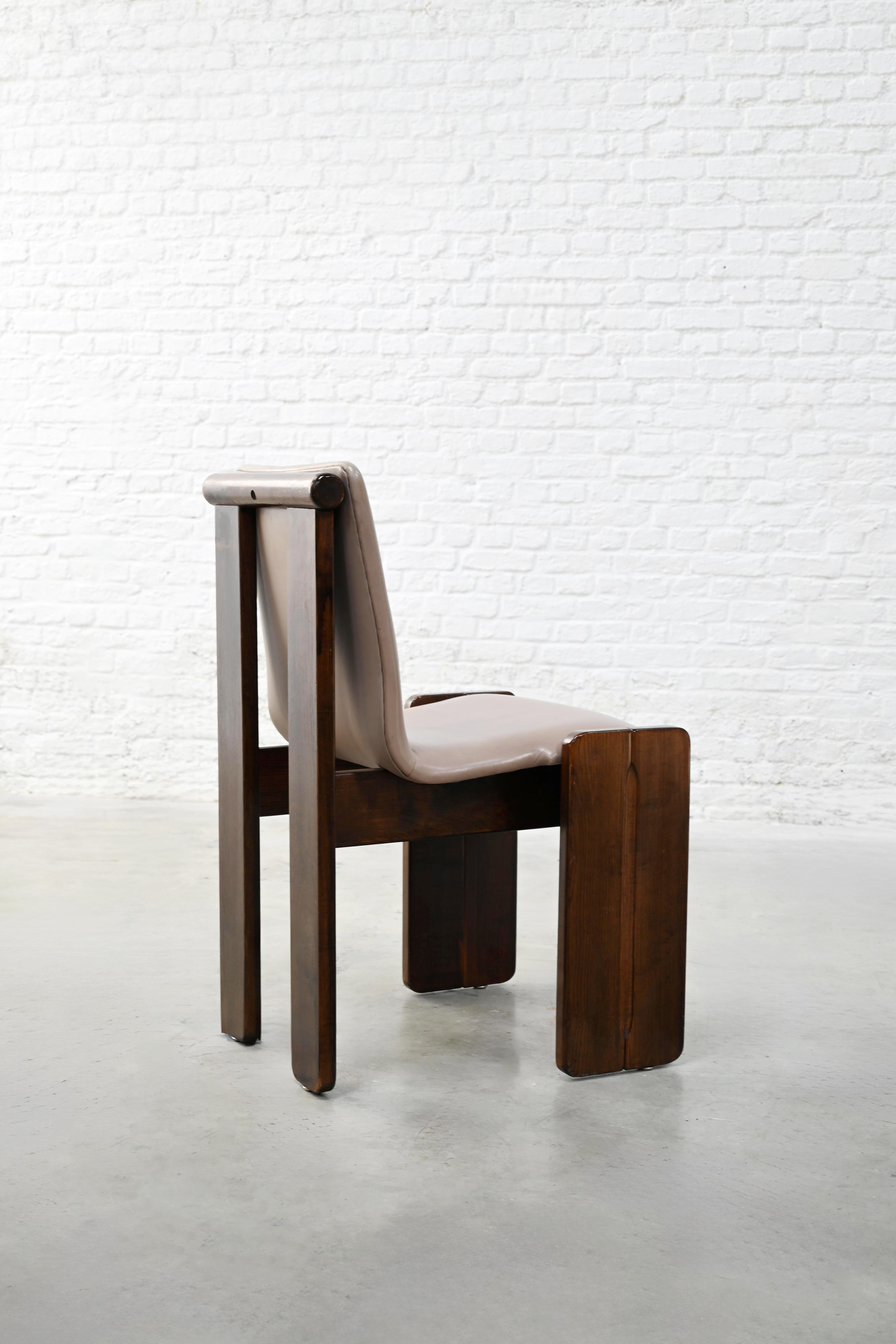 European Pair of Architectural Oak Chairs With Soft Purple Leather, 1970's For Sale