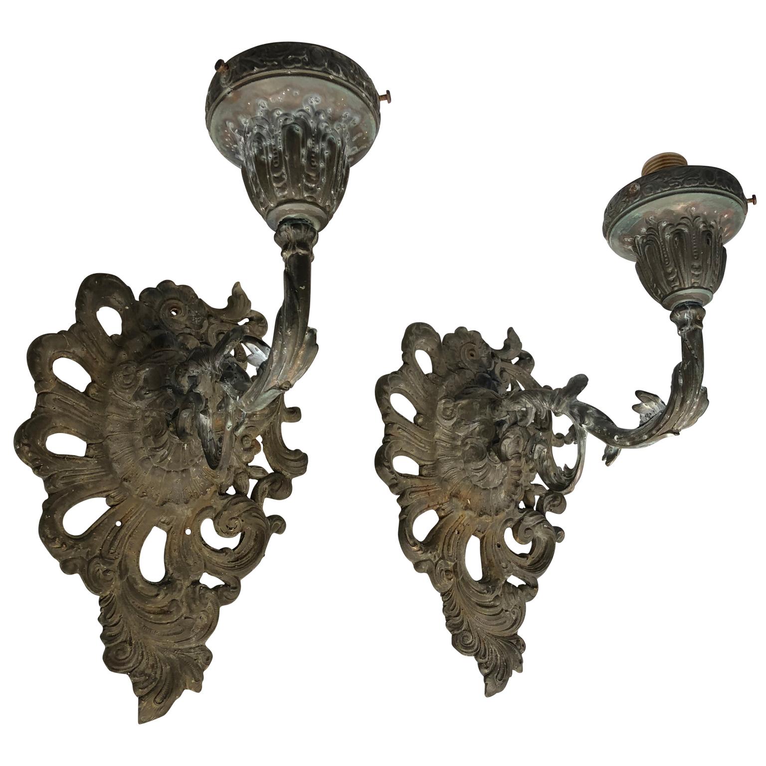 French Pair Of Metal Rococo Wall Sconces For Sale