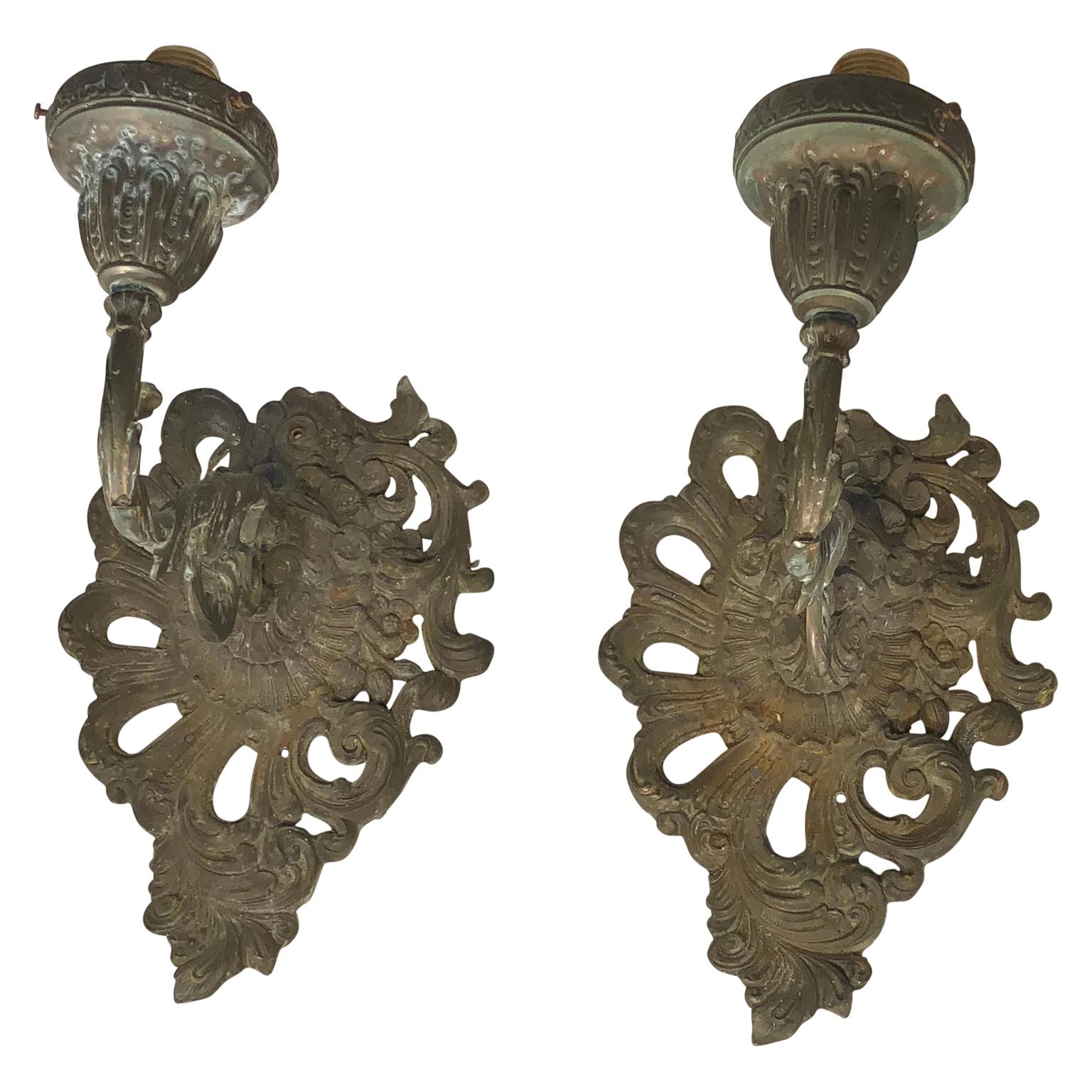 Cast Pair Of Metal Rococo Wall Sconces For Sale
