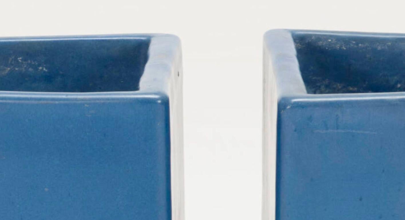 Mid-Century Modern Pair of Architectural Pottery Domino Planters by Malcolm Leland in Rare Blue For Sale