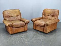 Pair of Arcon Italia Cognac Buffalo Leather Lounge Armchairs