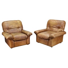 Pair of Arcon Italia Cognac Buffalo Leather Lounge Armchairs