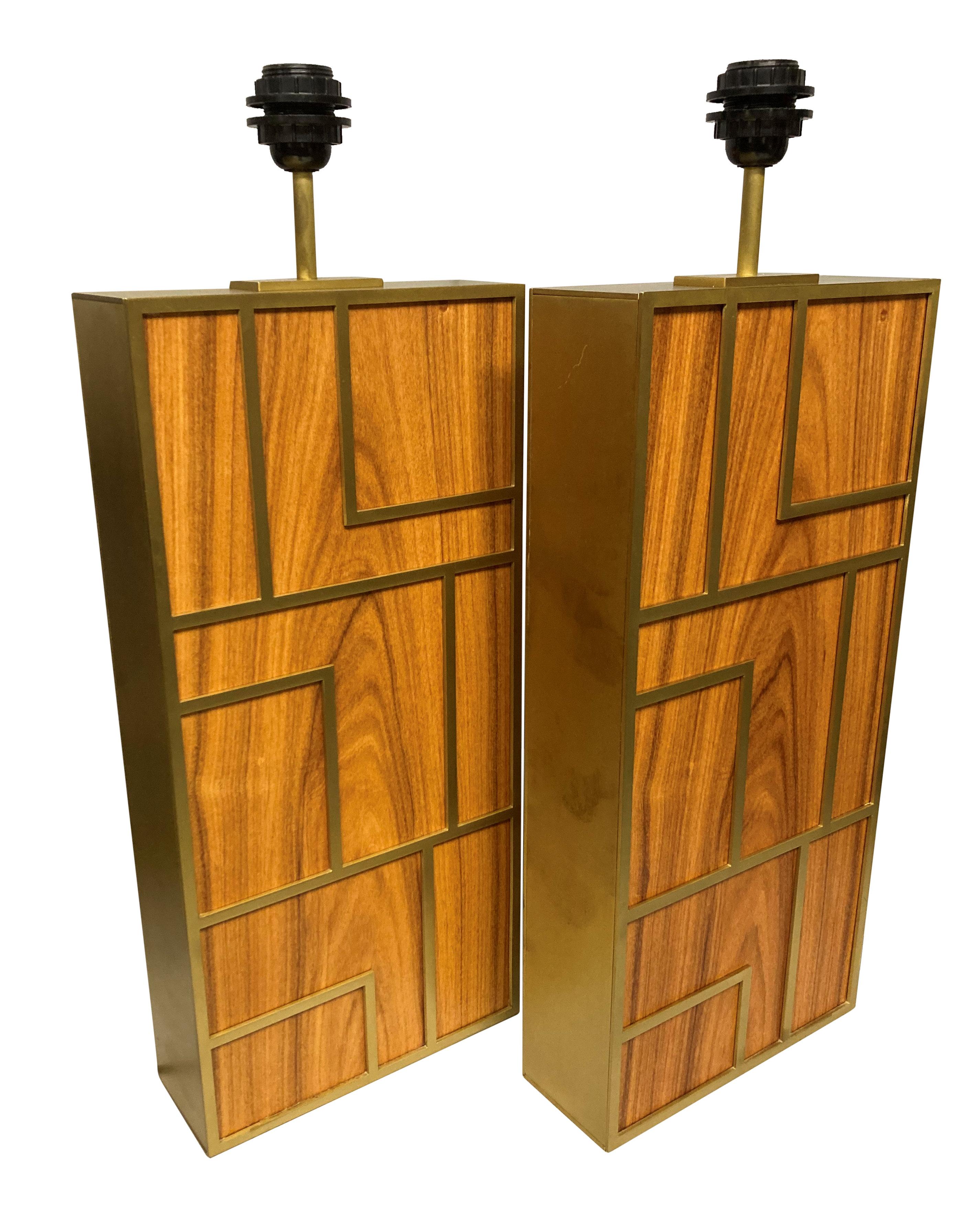 English Pair Of arge Teak & Brushed Brass Table Lamps For Sale