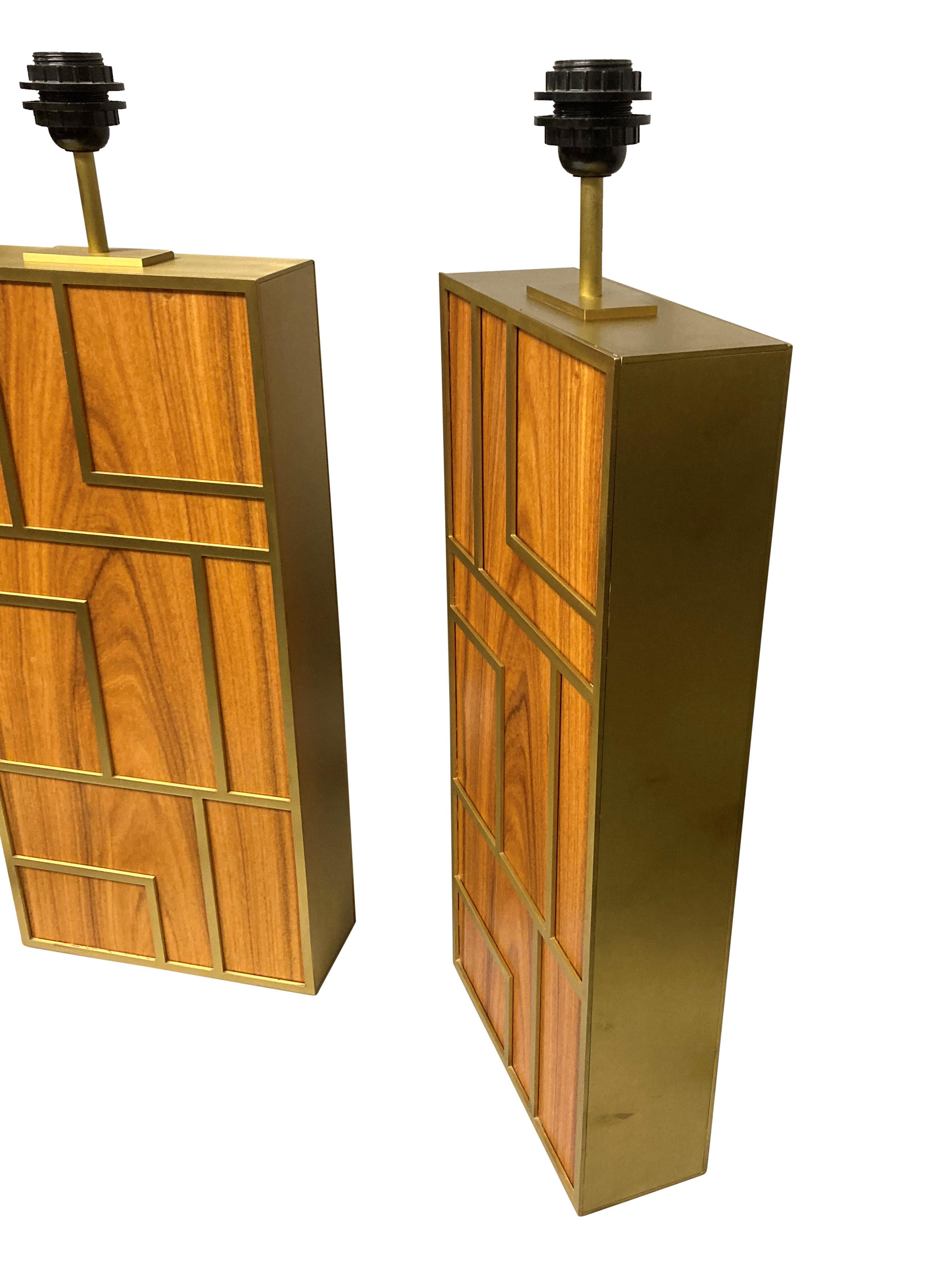 Pair Of arge Teak & Brushed Brass Table Lamps For Sale 1