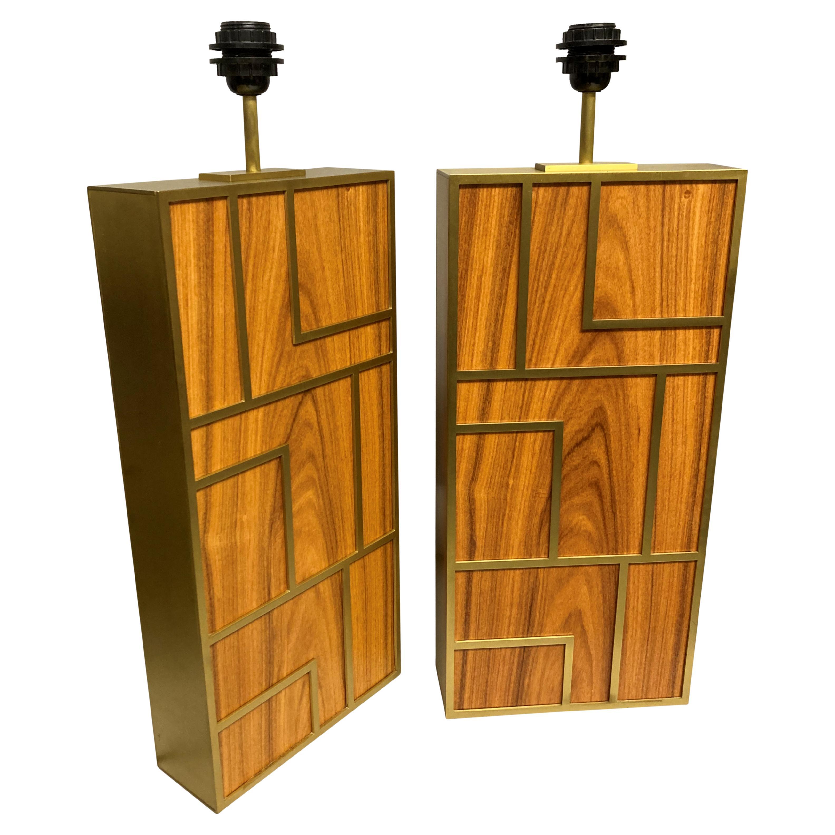 Pair Of arge Teak & Brushed Brass Table Lamps