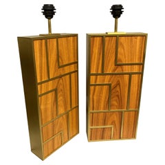 Vintage Pair Of arge Teak & Brushed Brass Table Lamps