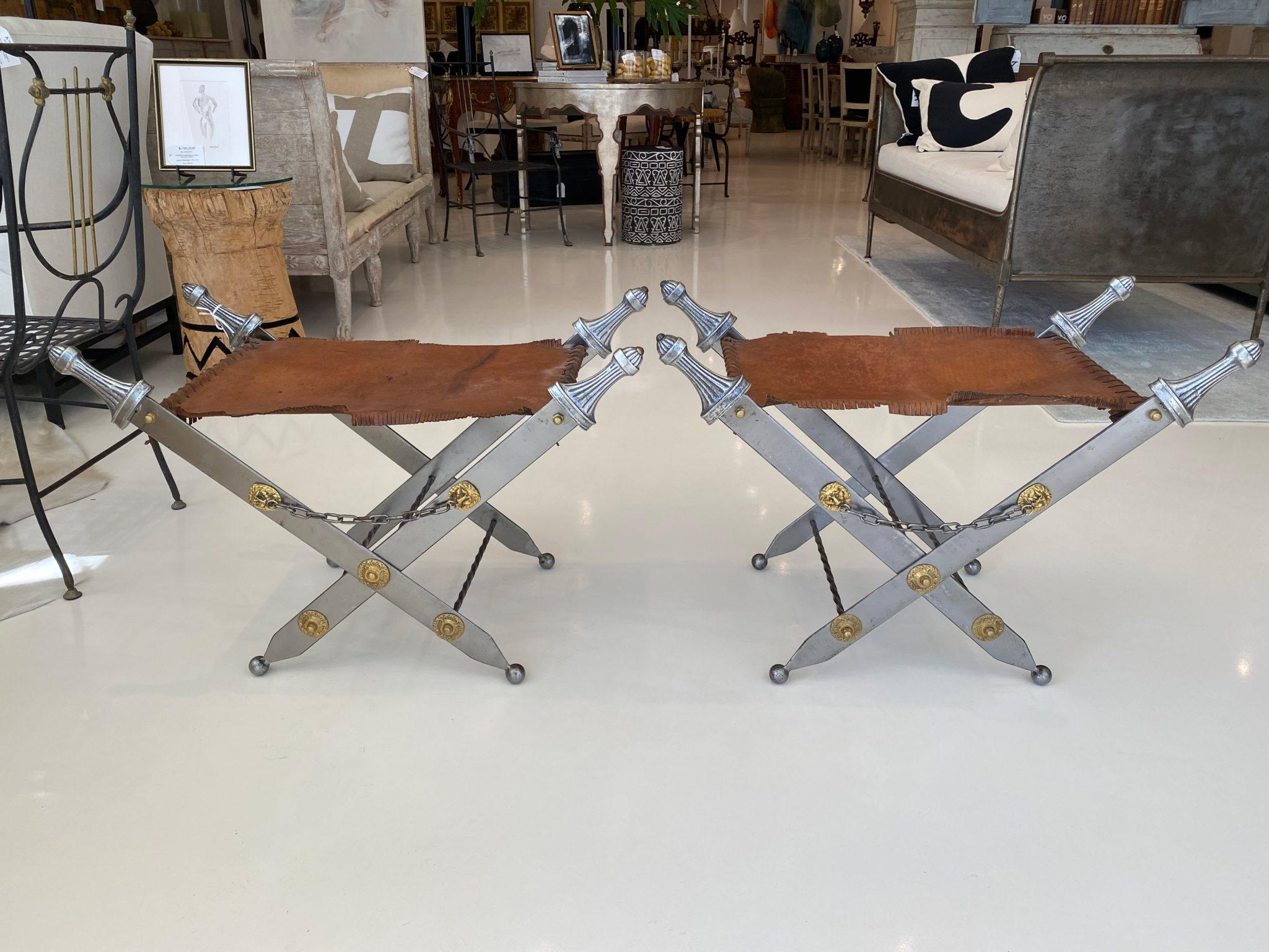 Pair of Argente Metal Sword and Leather Stools 1