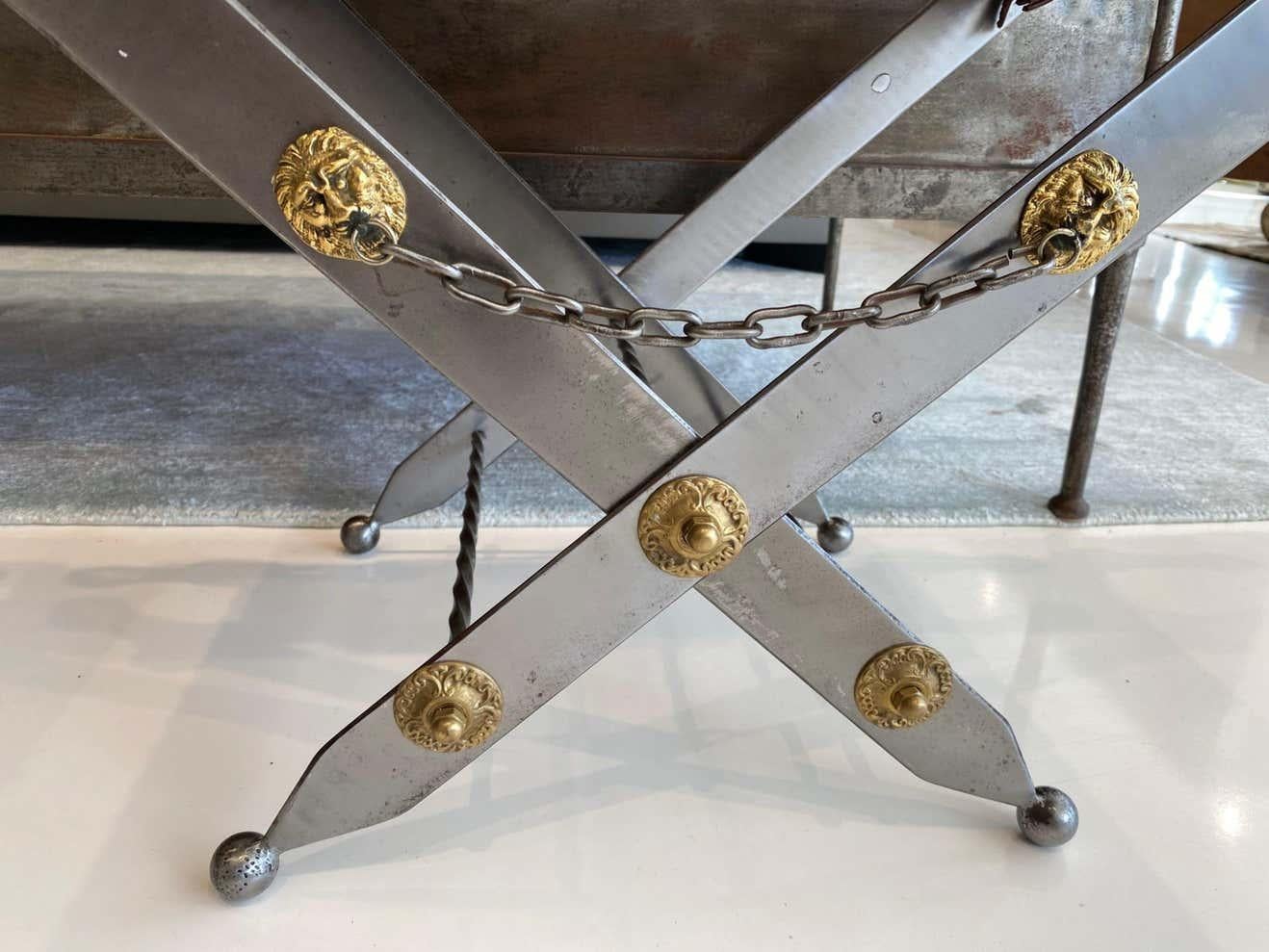 Pair of Argente Metal Sword and Leather Stools For Sale 2