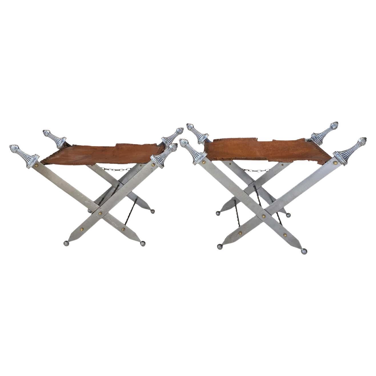 Pair of Argente Metal Sword and Leather Stools For Sale