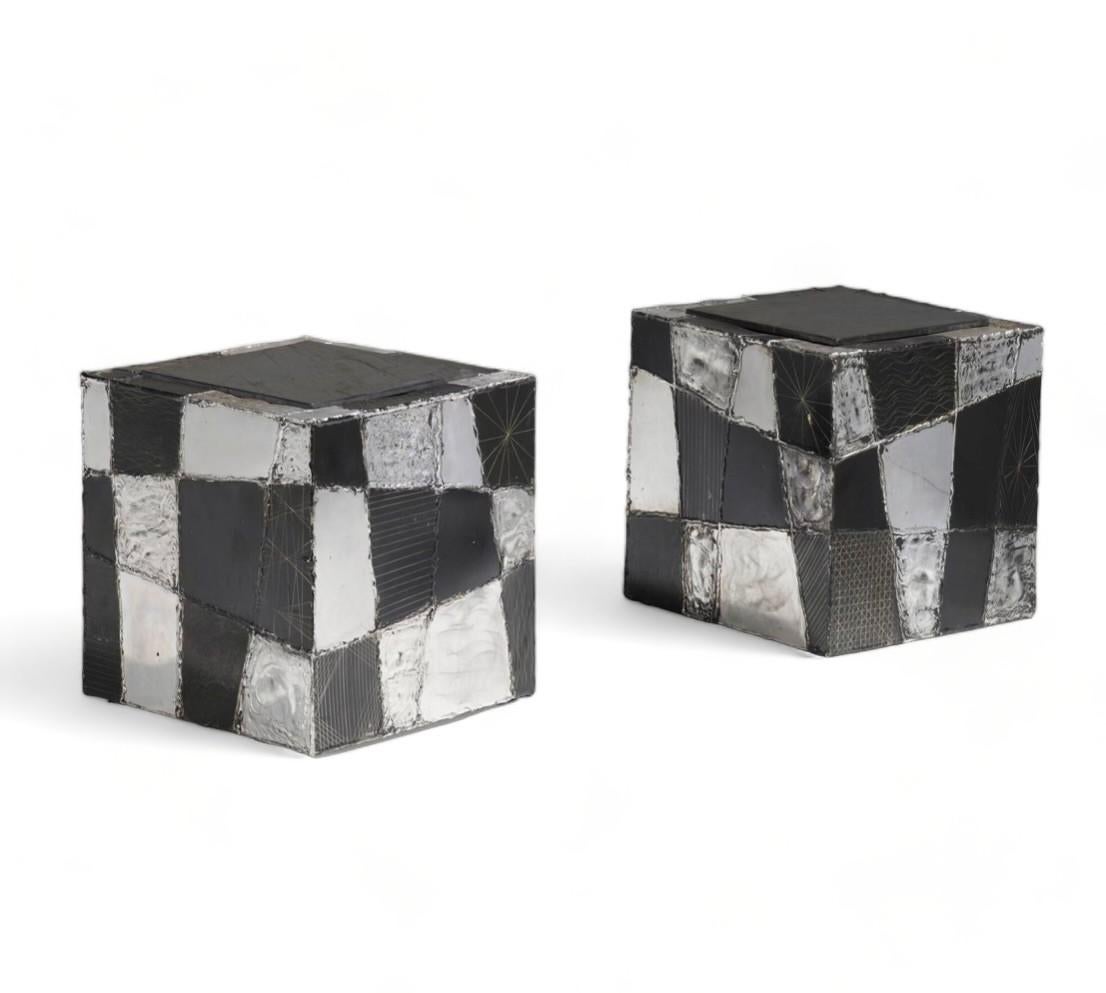 Paul Evans argente cube side table
Model (PE-37). 
Welded aluminum construction with etched patterns on oxidized and painted panels. Inset slate top
Paul Evans Studio for Directional, 
USA, 1969
Available to view in-situ in our Miami gallery