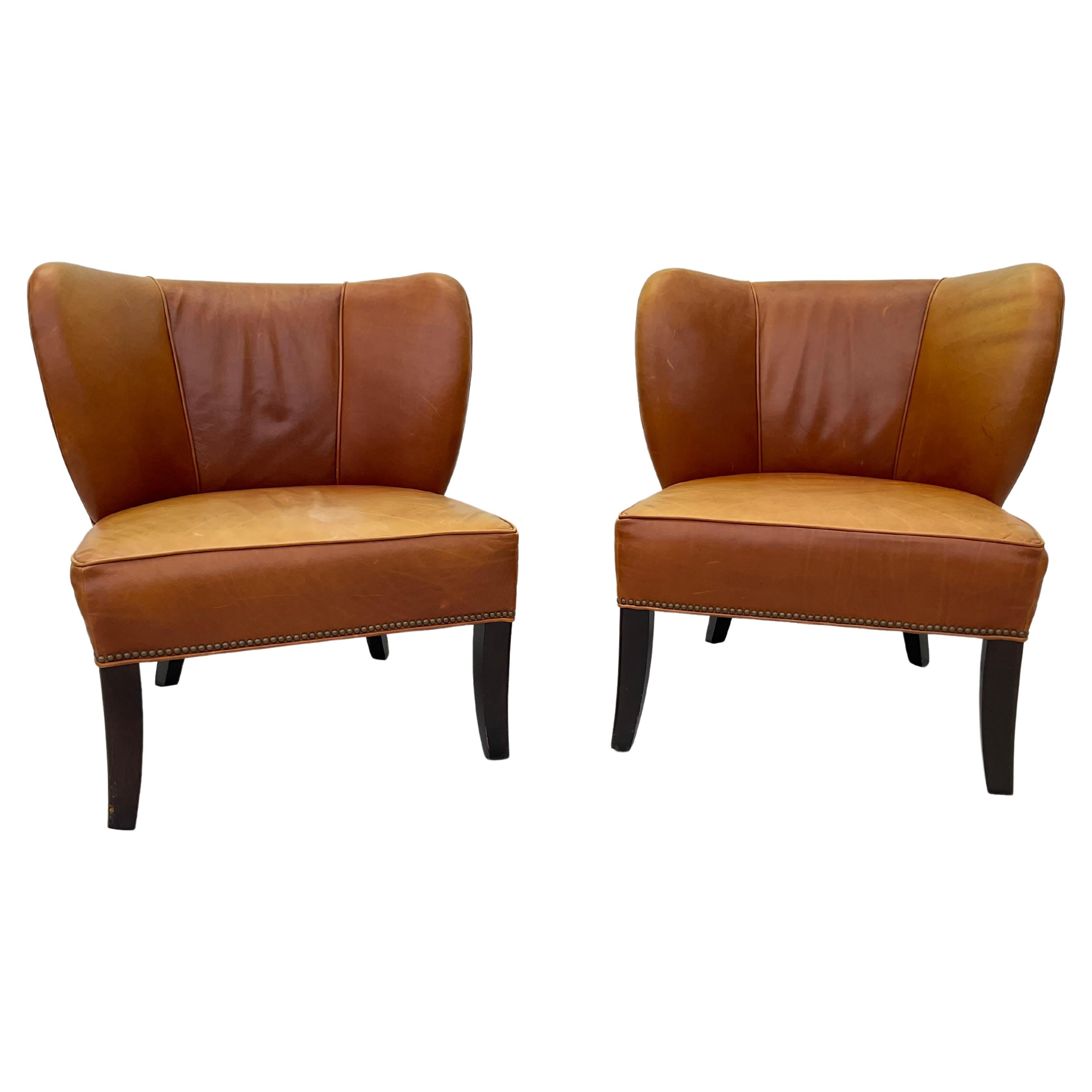 Modern Pair Of Arhaus Italian Leather Lounge Chairs For Sale