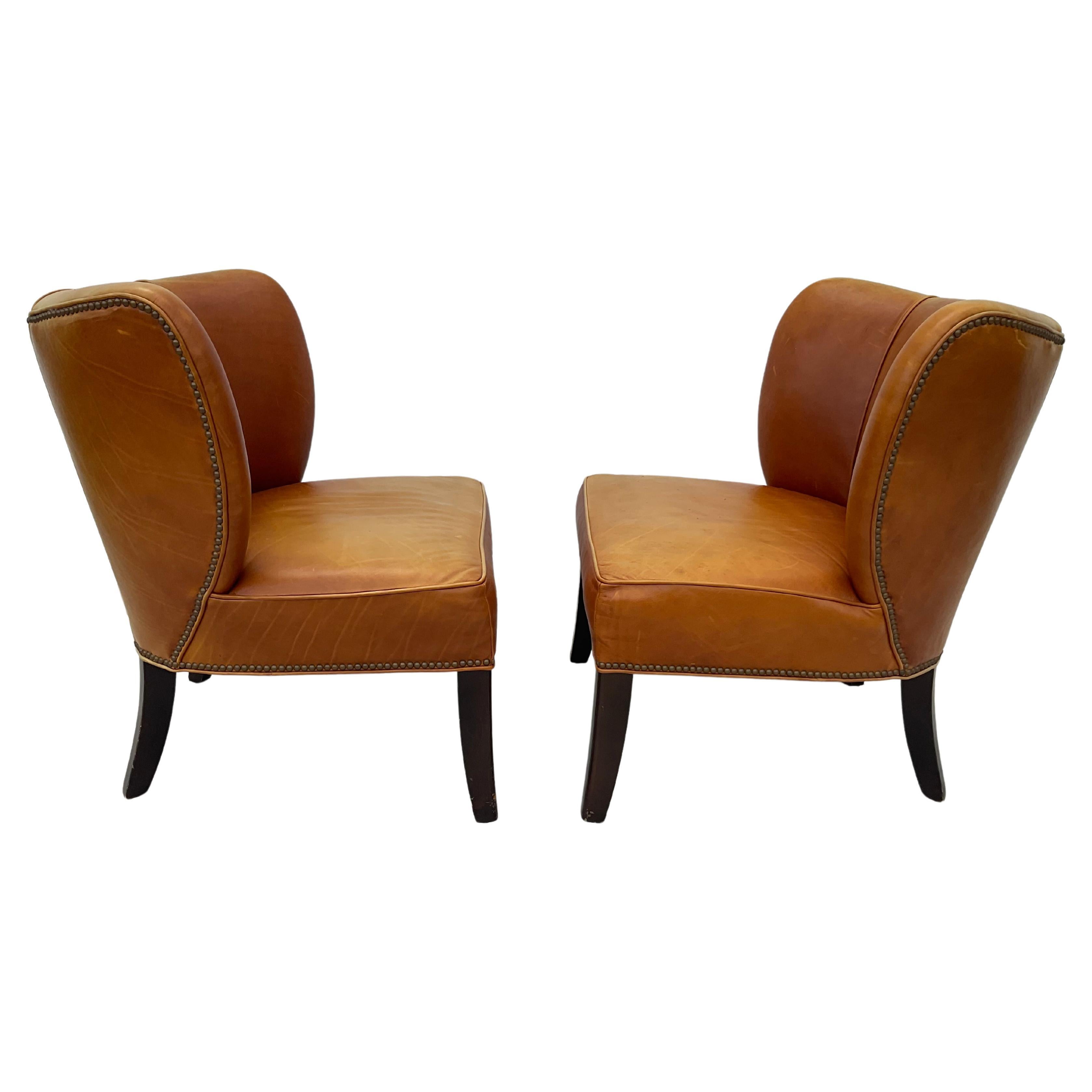 Pair Of Arhaus Italian Leather Lounge Chairs In Good Condition For Sale In Bradenton, FL