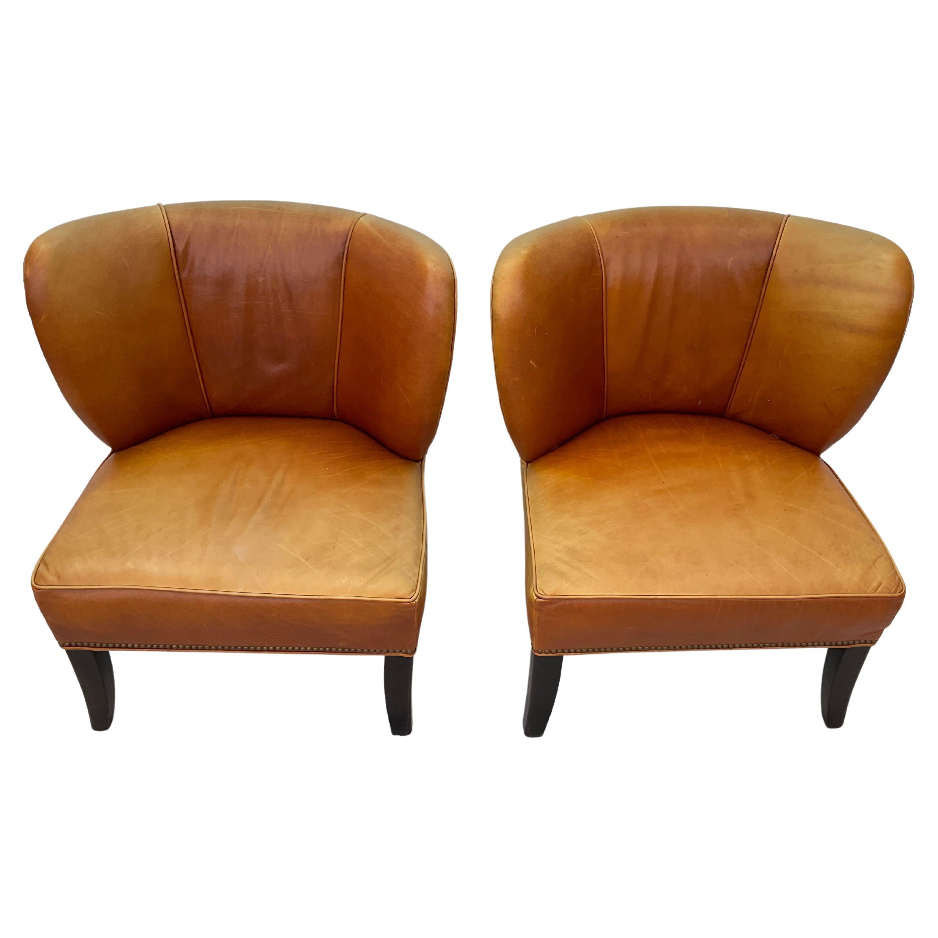 Pair Of Arhaus Italian Leather Lounge Chairs For Sale 1