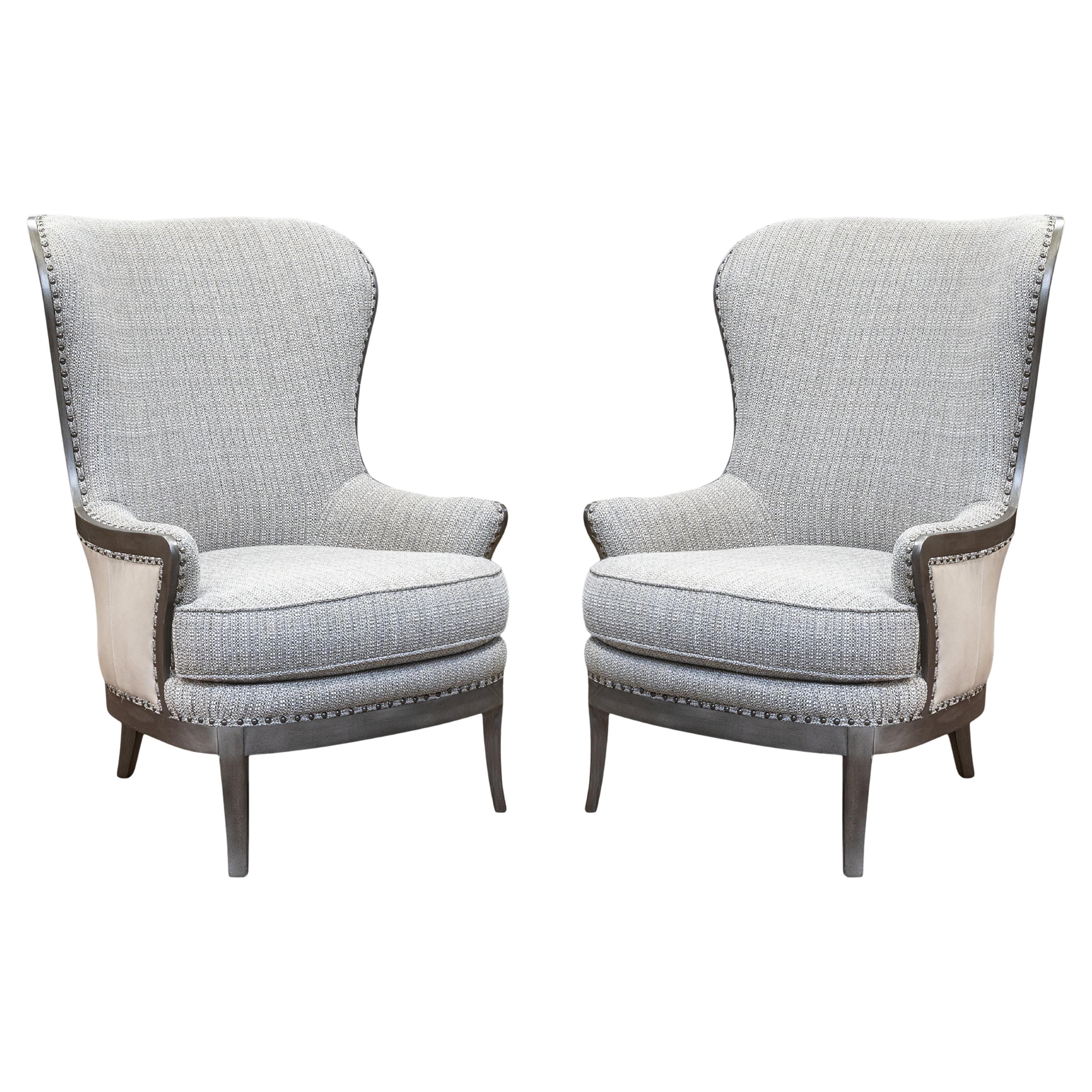 Pair of Arhaus Portsmouth Collection Gray Fabric 
Leather Contemporary Chairs en vente