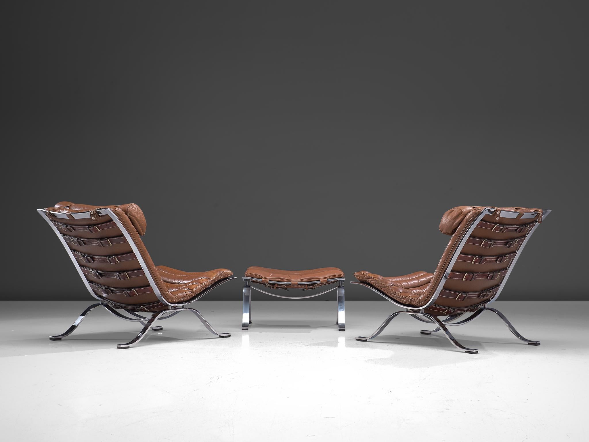 Scandinavian Modern Pair of 'Ari' Lounge Chairs with Ottoman in Brown Leather
