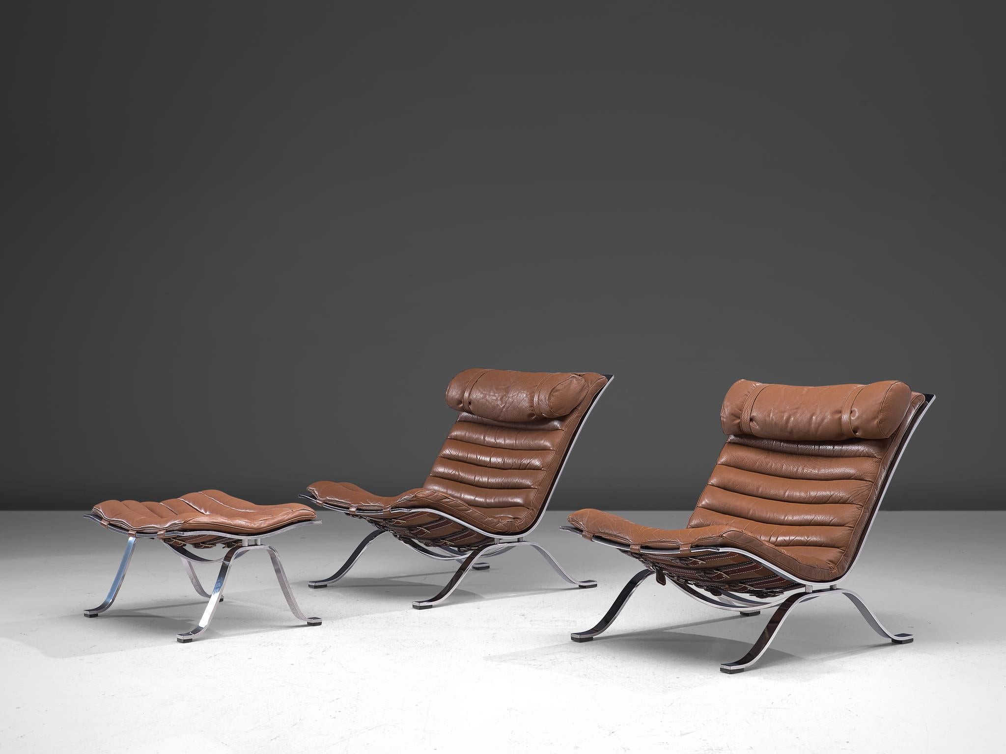 Swedish Pair of 'Ari' Lounge Chairs with Ottoman in Brown Leather