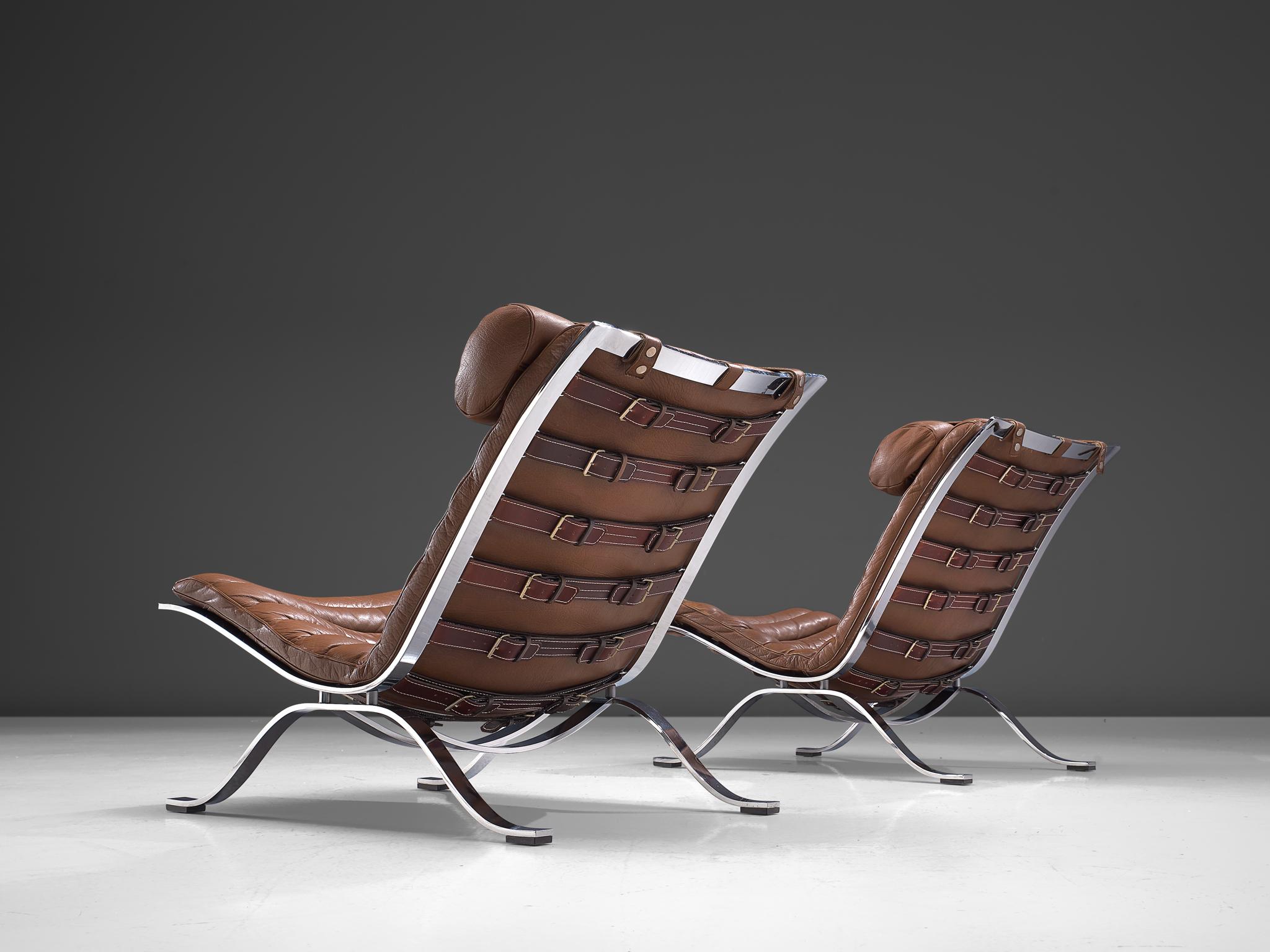Pair of 'Ari' Lounge Chairs with Ottoman in Brown Leather In Good Condition In Waalwijk, NL