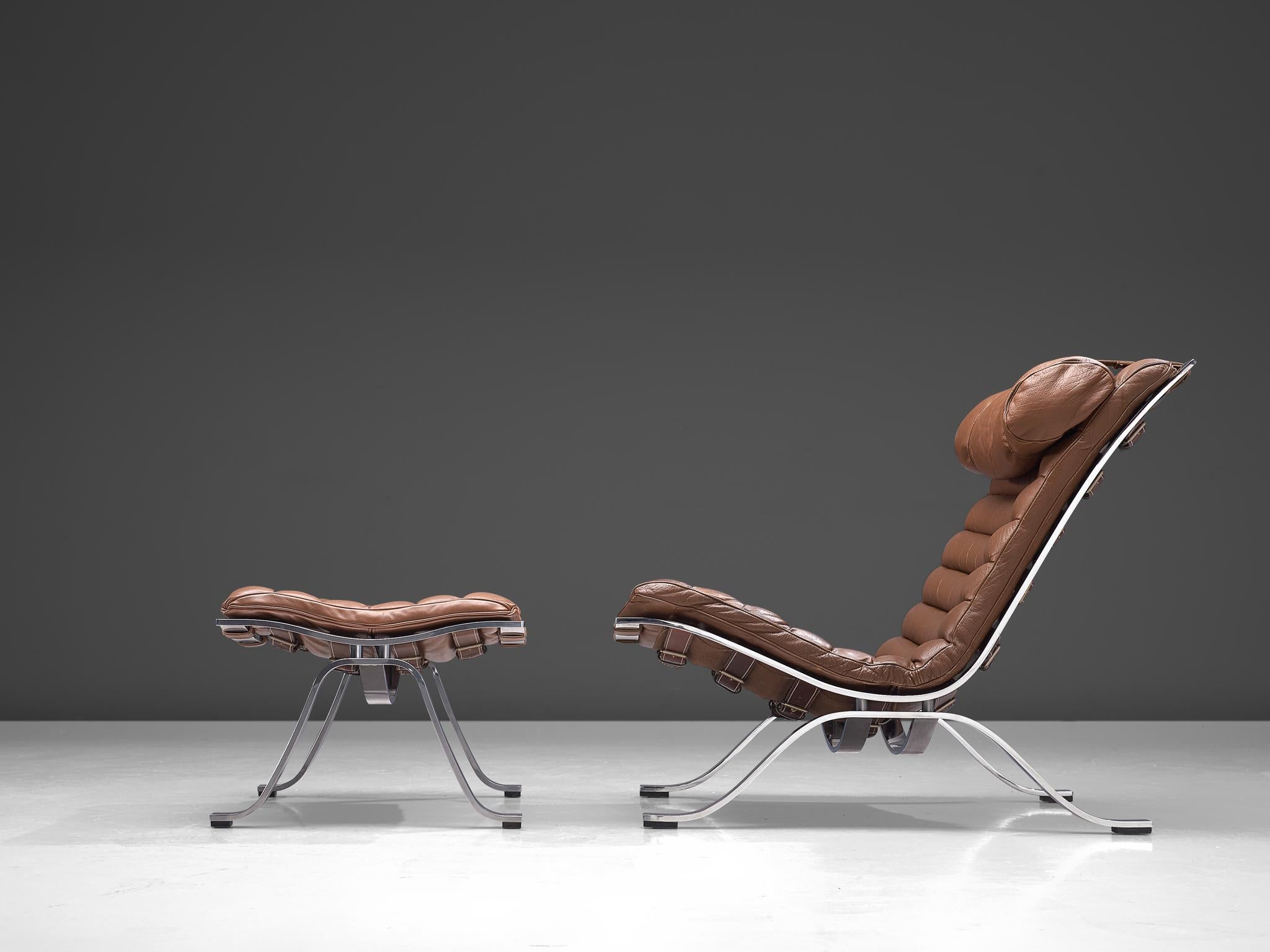 Steel Pair of 'Ari' Lounge Chairs with Ottoman in Brown Leather