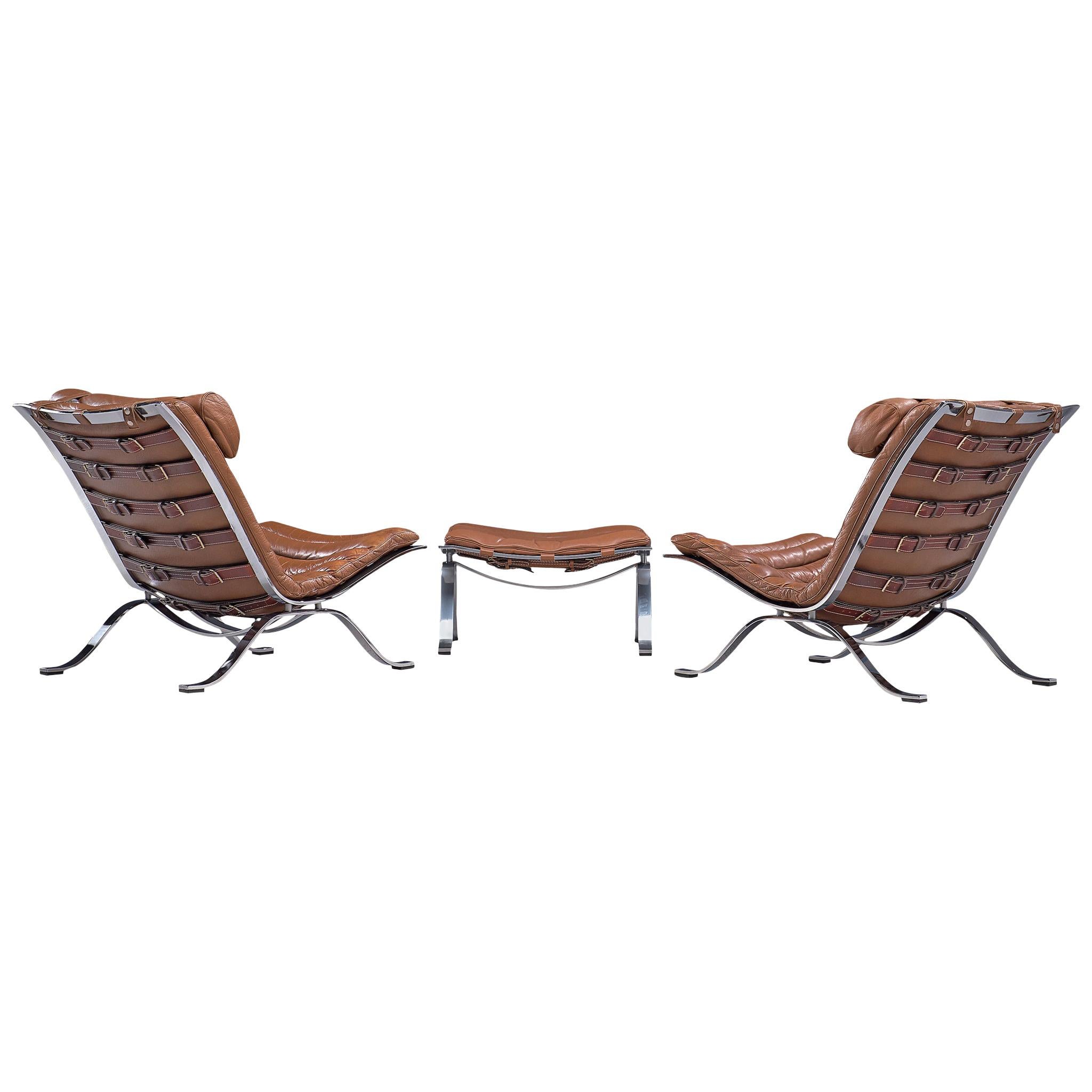 Pair of 'Ari' Lounge Chairs with Ottoman in Brown Leather