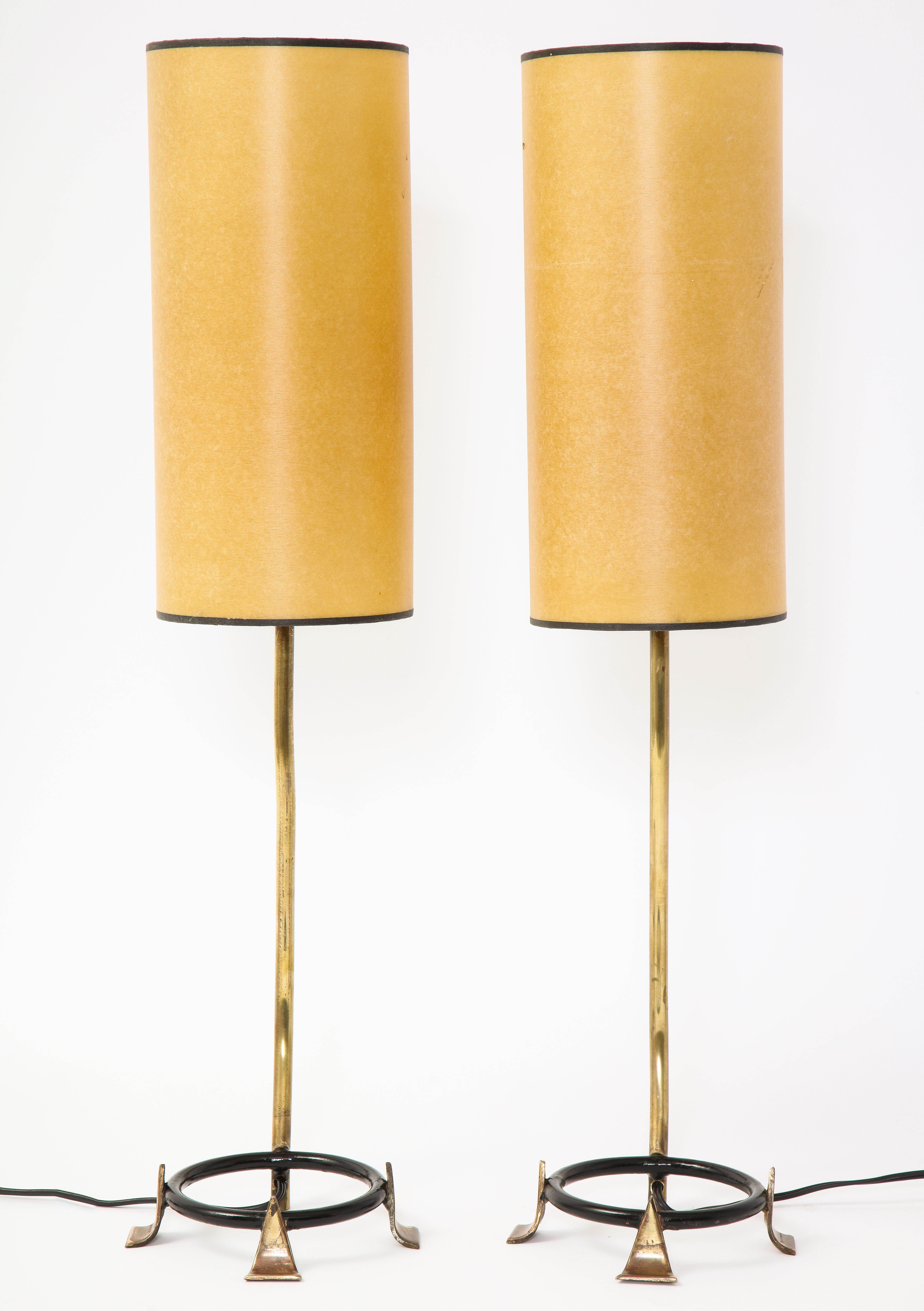 Ideal for a bedside, pair of black enameled and brass lamps, rewired. Height is with shades, can be higher or lower depending of the shade. Height to socket 12