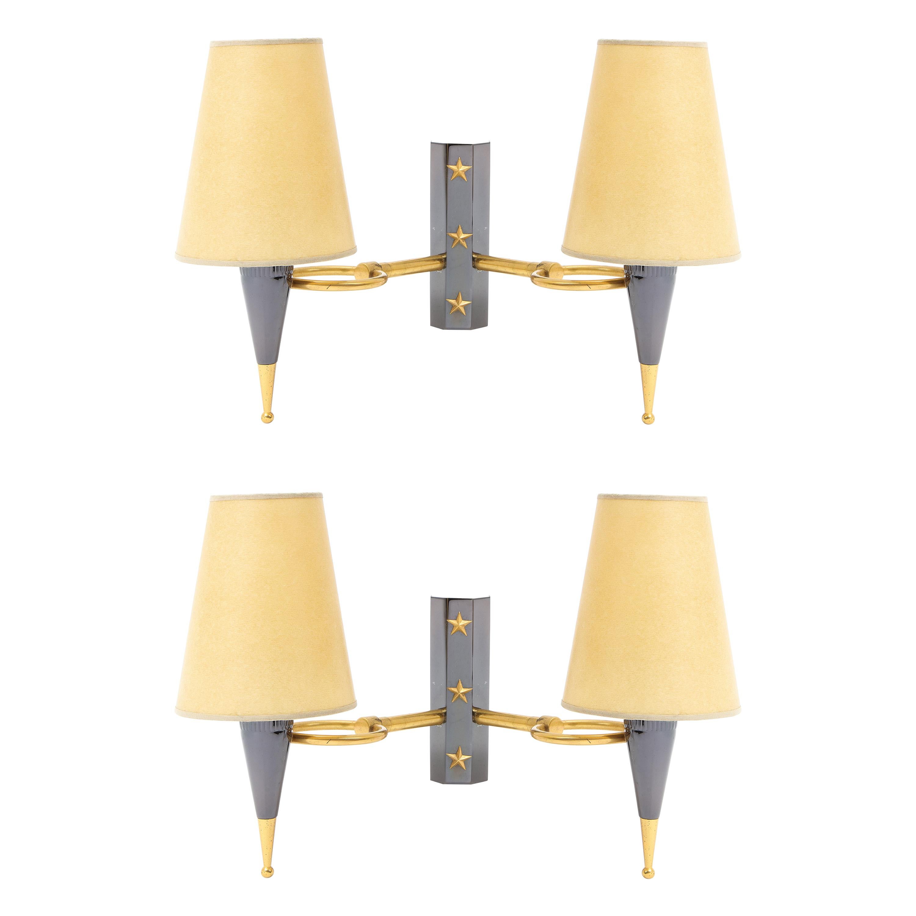 Pair of Arlus Double Light "Stars" Sconces in Gunmetal and Brass, France, 1960s