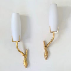 Arlus Gilt Bronze and Opaline Pair of Sconces, circa 1960, France.