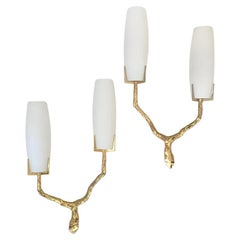 Pair Of Arlus Gilt Bronze and Opaline Sconces, circa 1960, France.