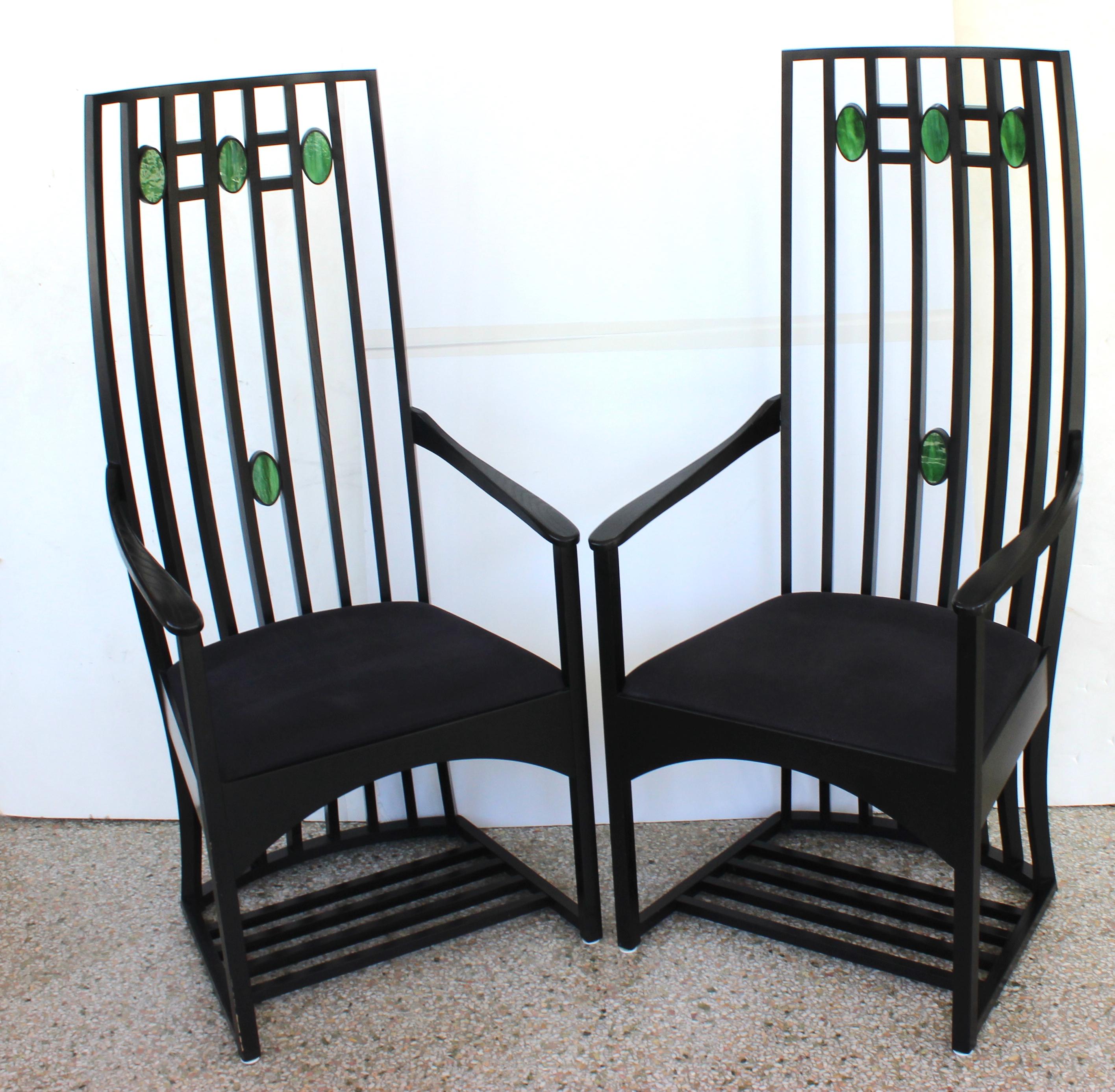 These stylish and chic ebonized arm chair takes their form and use of materials from a chair designed in 1904 by Charles Rennie Mackintosh. The actual chair(s) designed and fabricated by Mackintosh was for Catherine Cranston of Glasgow, and the