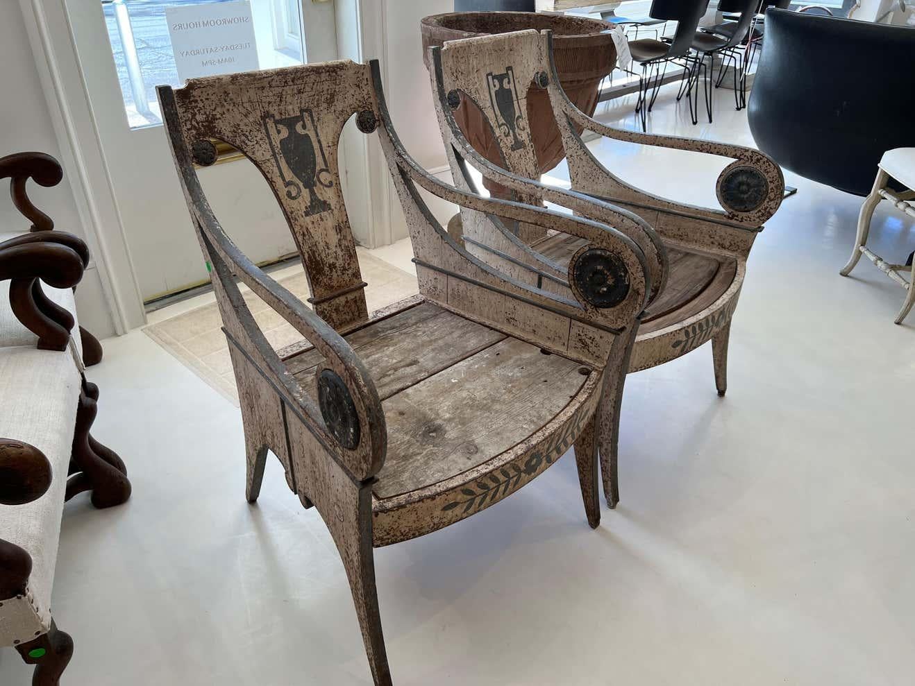 European Pair of Arm Chairs with Urn Painting