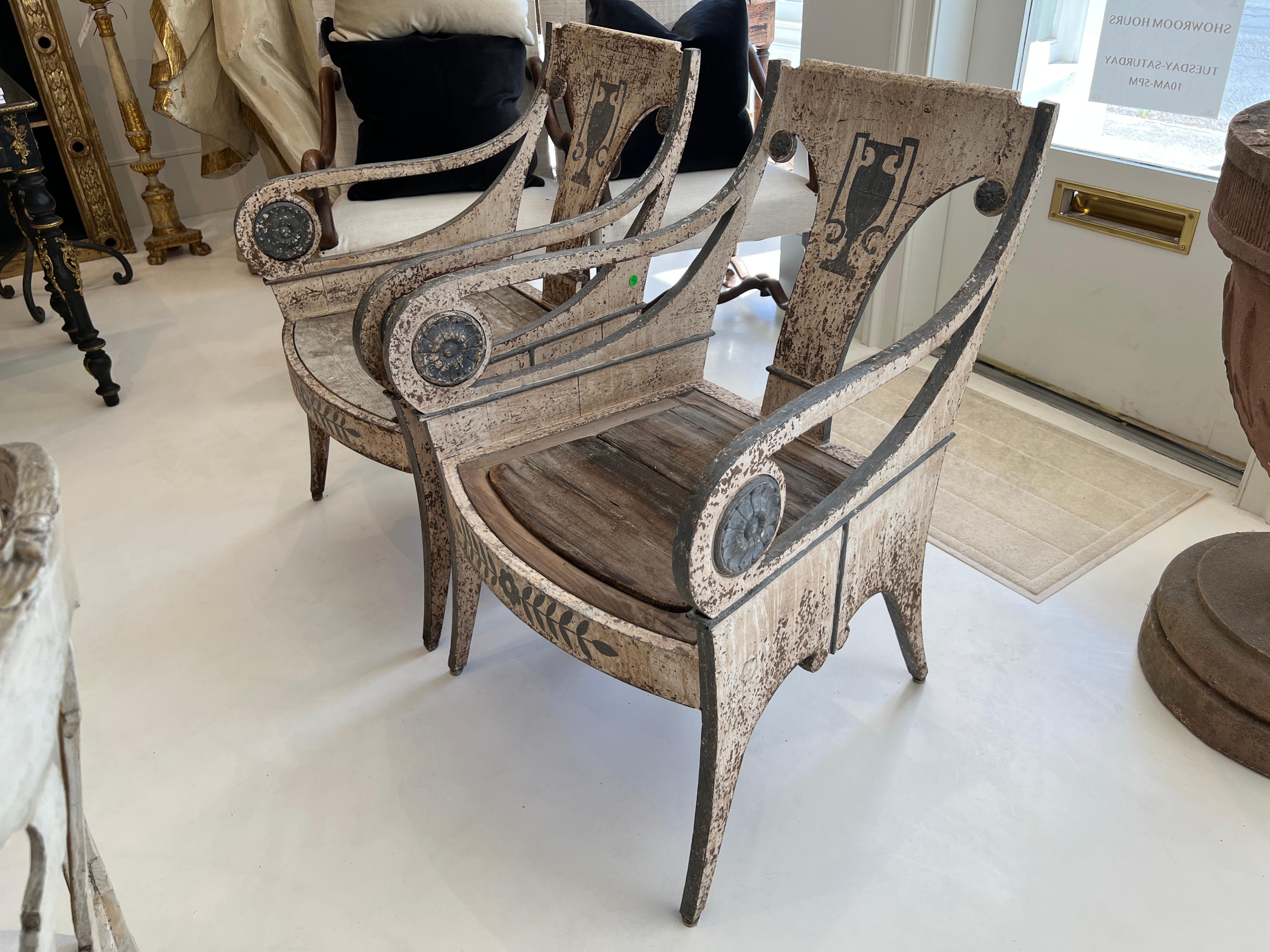 19th Century Pair of Arm Chairs with Urn Painting 