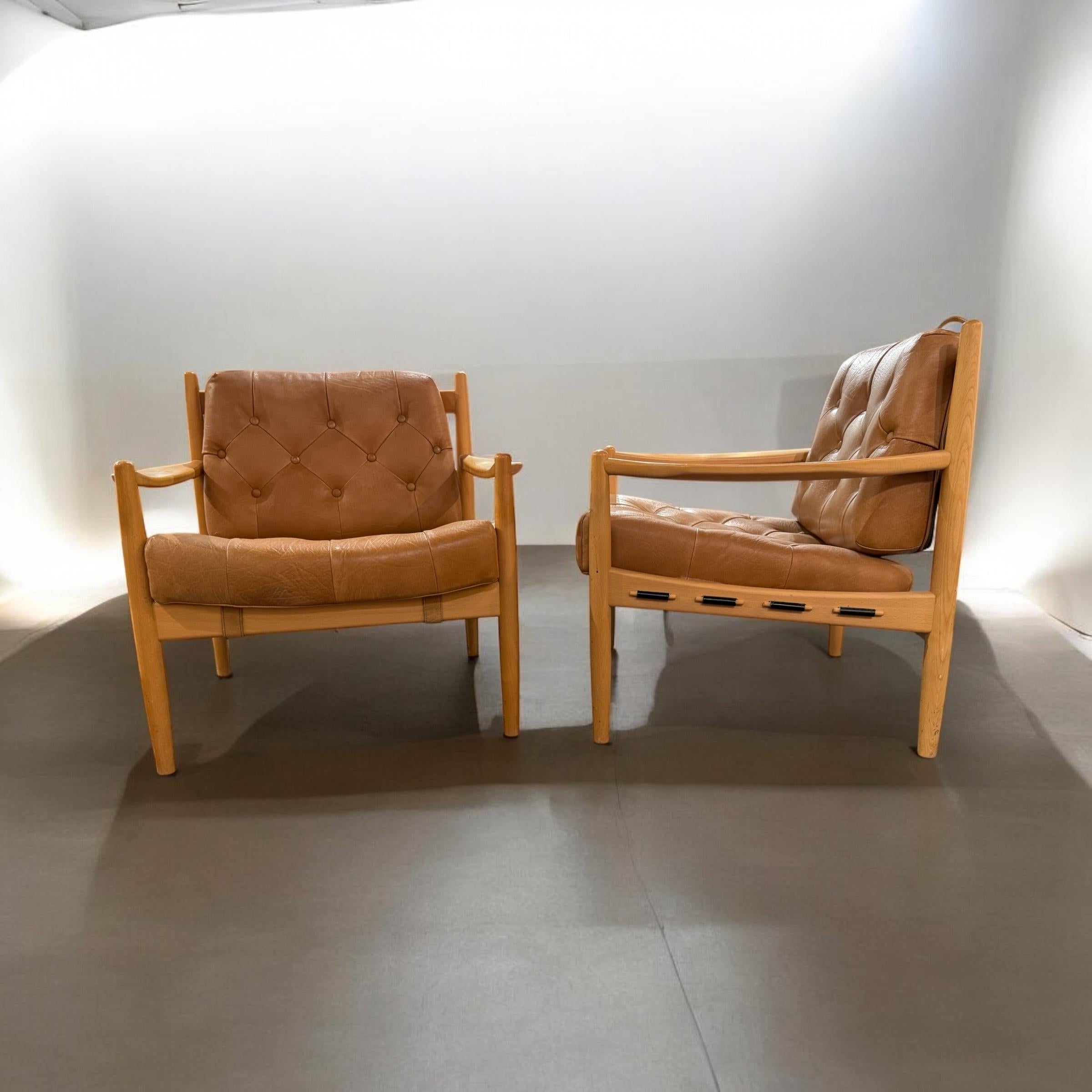 Poltrone Ingemar Thillmark in Beeche e pelle marrone, Model No.  