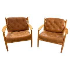 Pair of Armchair By Ingemar Thillmark, beech, leather, For OPE.