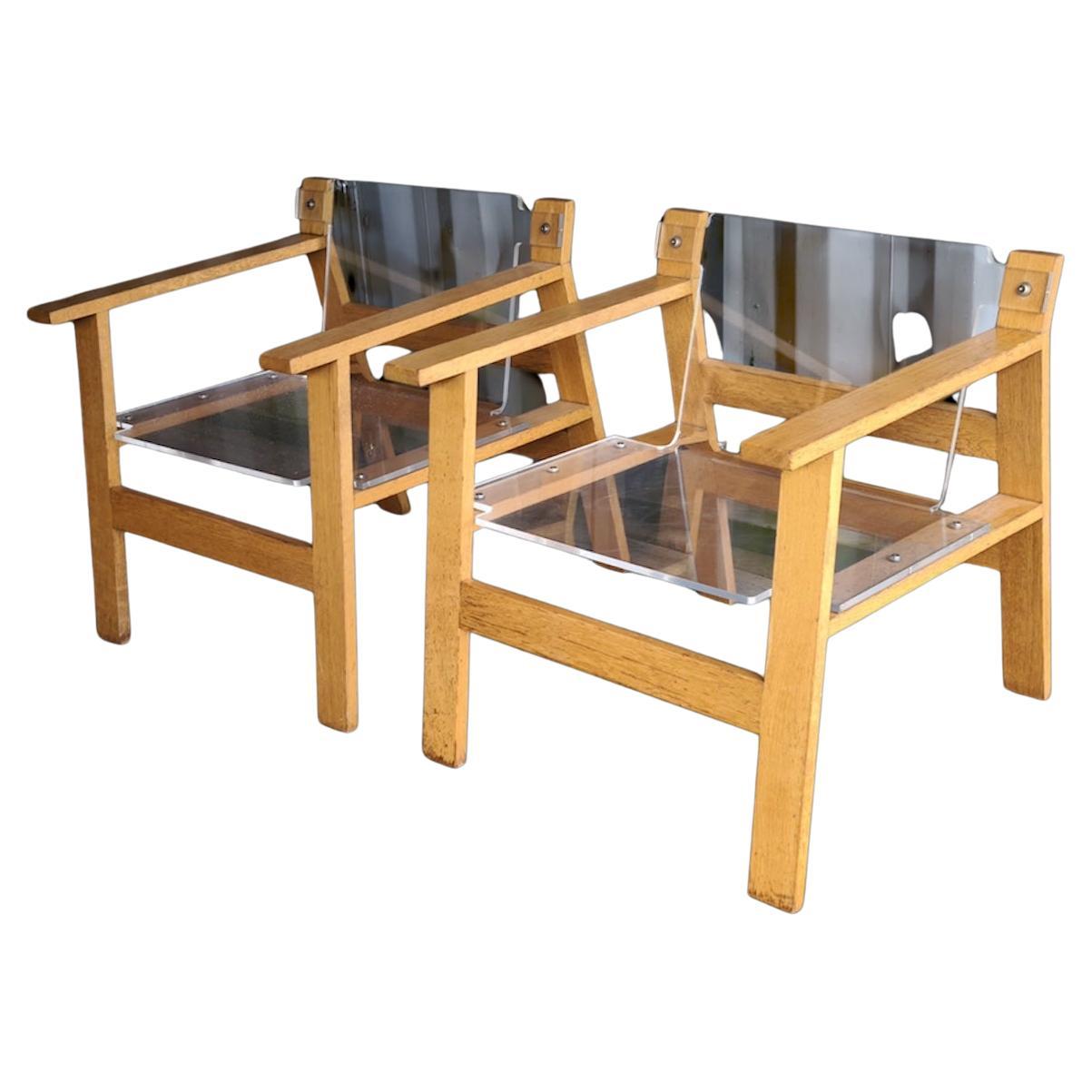 Pair of armchair by Philippe Cramer oak and plexiglas For Sale