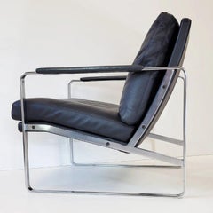 Pair of Armchair in Black Soft Leather Seat and Stainless Steel Frame, Fabricius