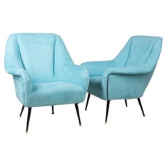 Pair of Armchair in Light Blue Velvet 70's Design