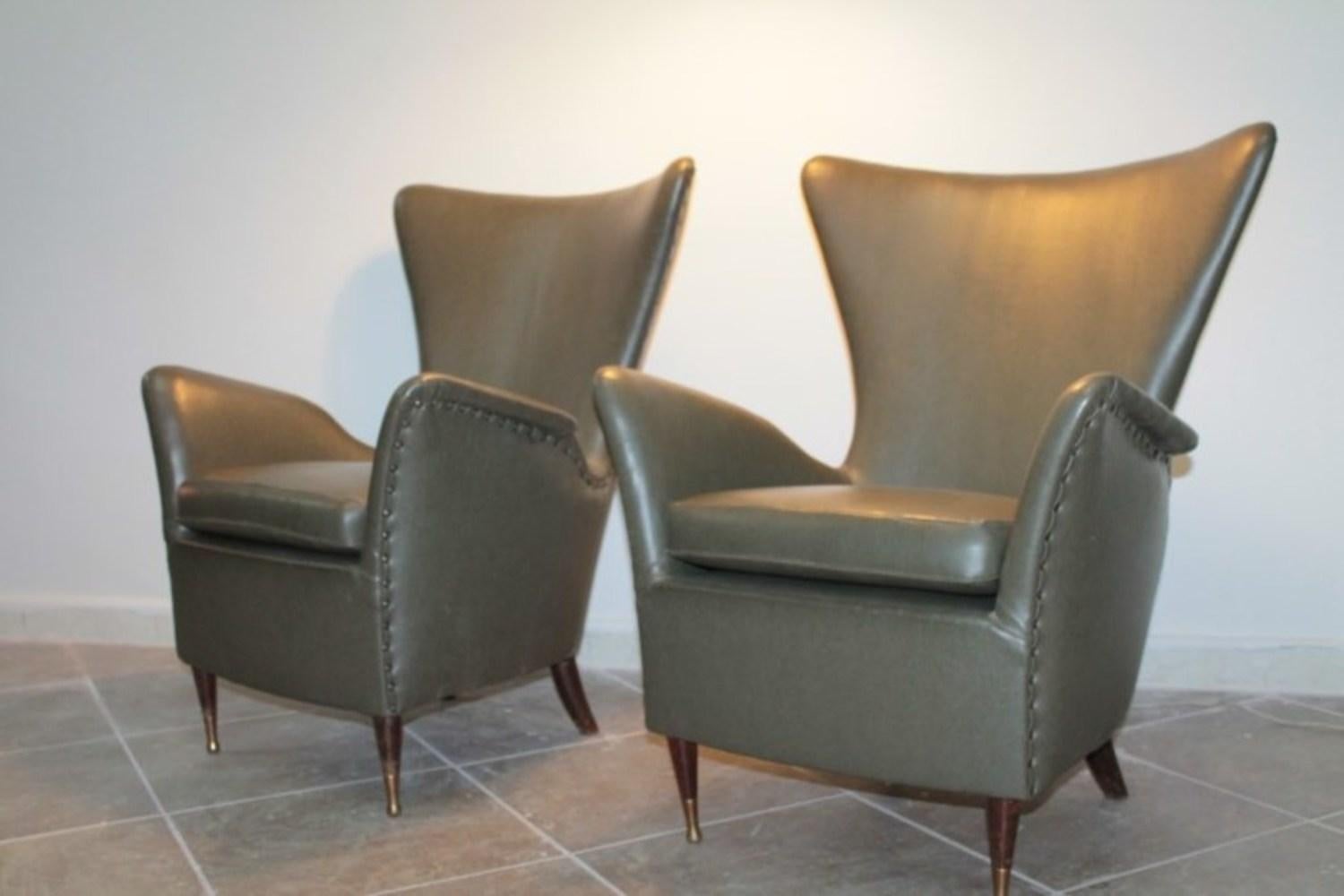 Midcentury Italian armchairs attributed to Gio Ponti, wood legs and 