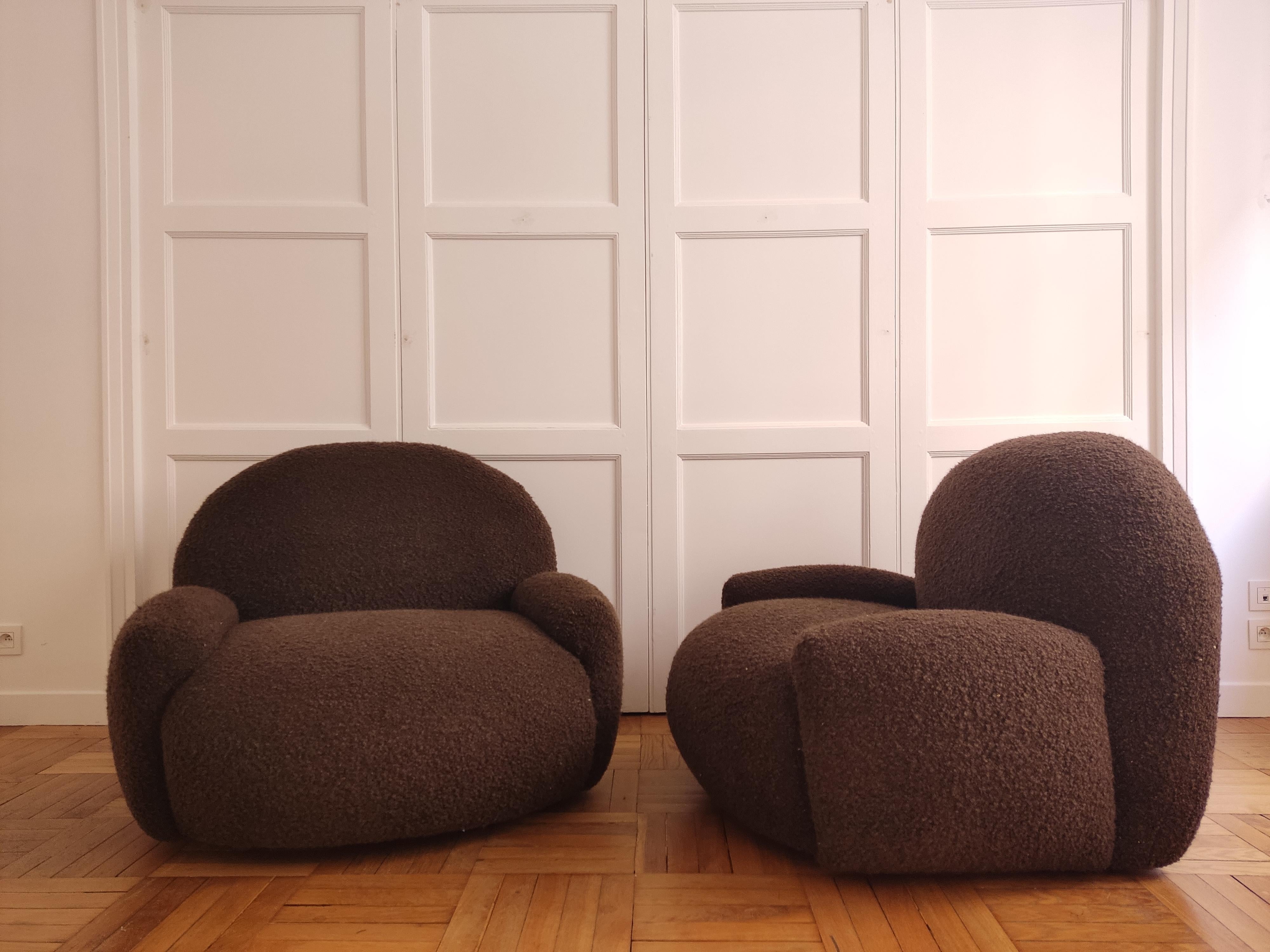 Space Age Pair of armchairs 70s restored with bouclé Chocolat