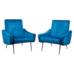 Pair of Armchairs After Pierre Guariche in Blue Velvet