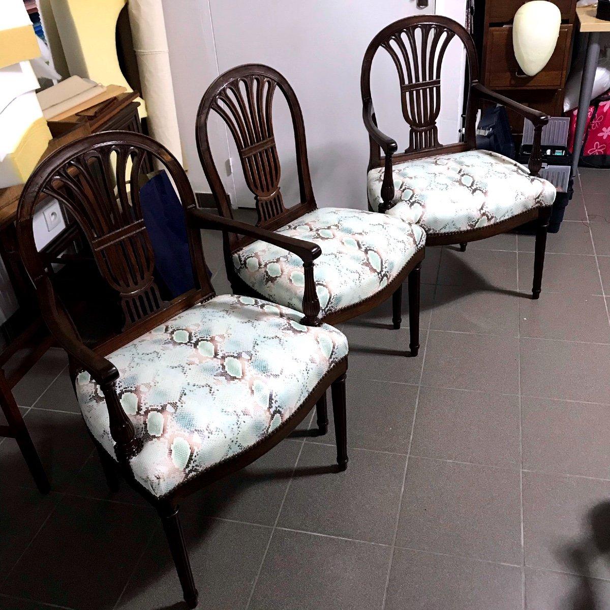 Pair of Armchairs and Chair Stamped Henri Jacob, Period: Louis XVI In Excellent Condition For Sale In CRÉTEIL, FR