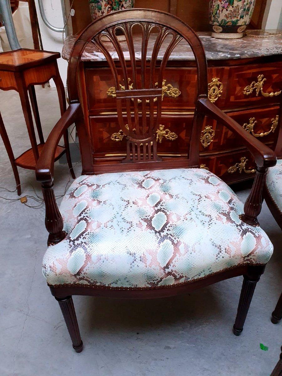 18th Century and Earlier Pair of Armchairs and Chair Stamped Henri Jacob, Period: Louis XVI For Sale