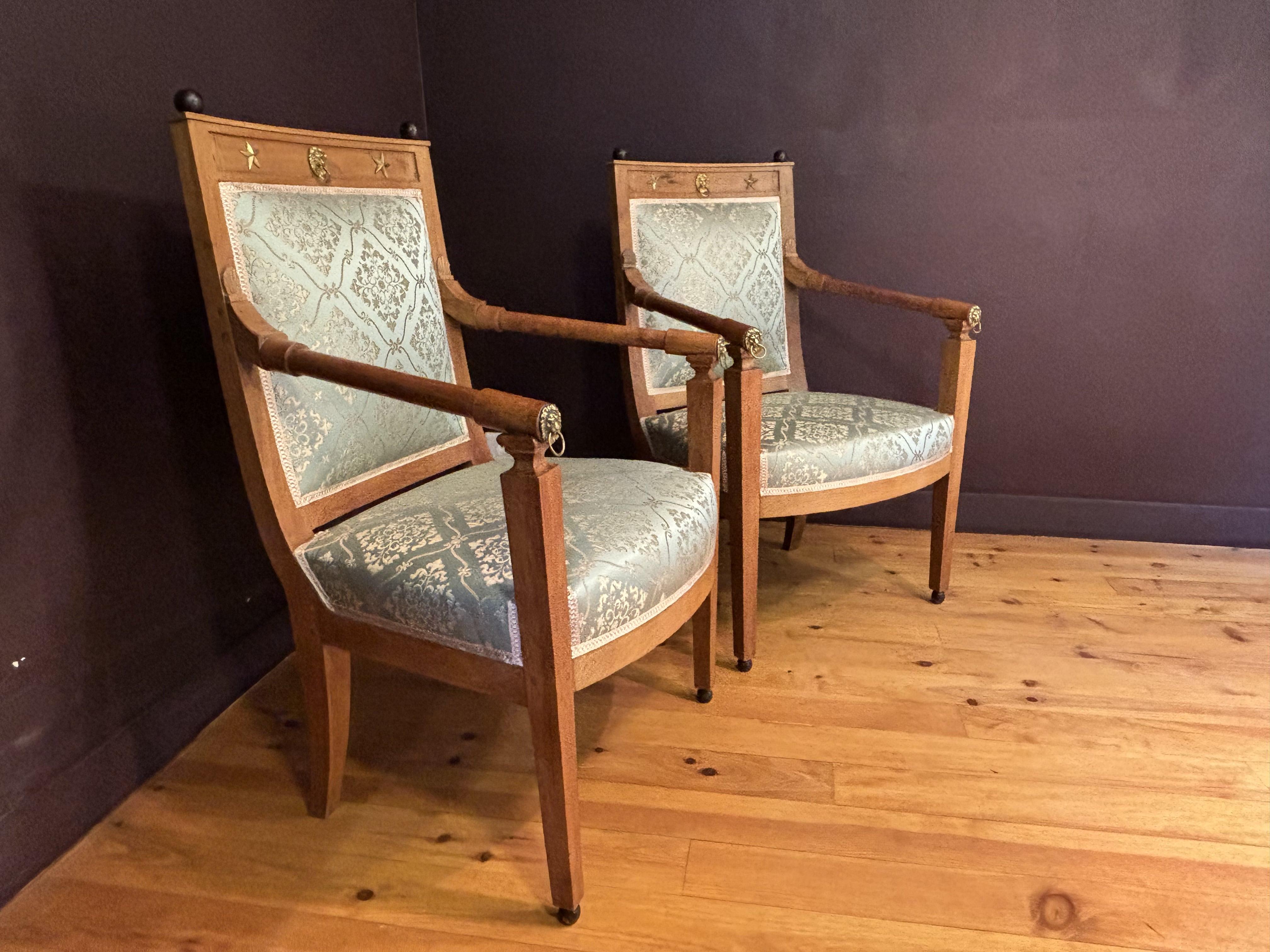 French Pair Of Armchairs And Curule Stool, Restoration Period, France, 19th Century