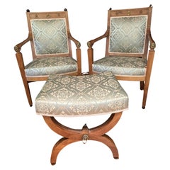 Antique Pair Of Armchairs And Curule Stool, Restoration Period, France, 19th Century