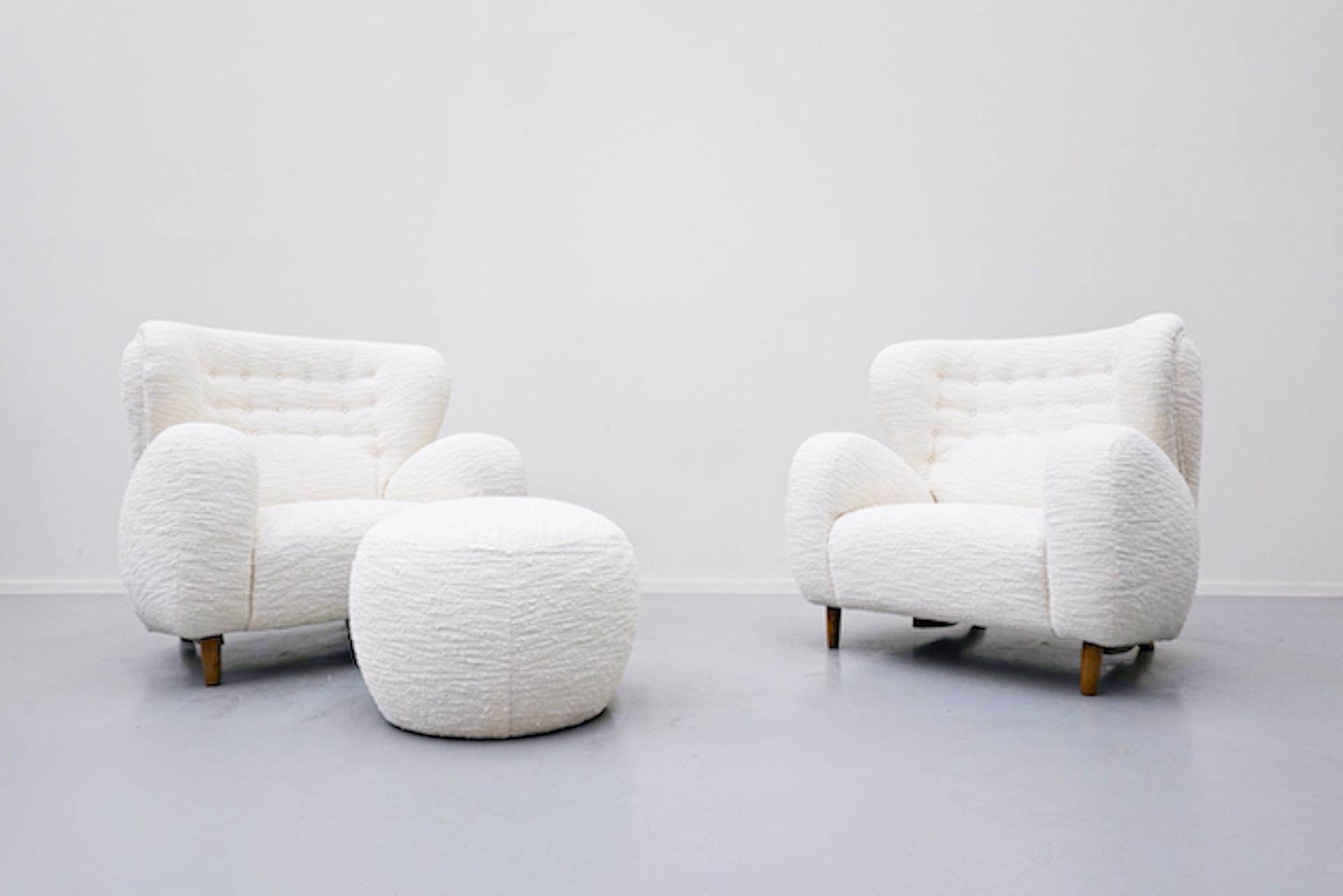 Pair of Armchairs and Ottoman, Italy - Reupholstered