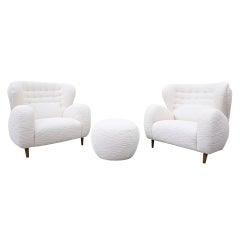 Pair of Armchairs and Ottoman, Italy, - Reupholstered