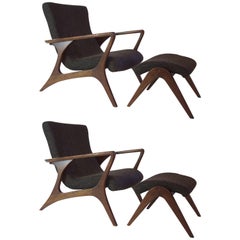 Pair of Armchairs and Ottomans, Textile and Wood, circa 2000, France