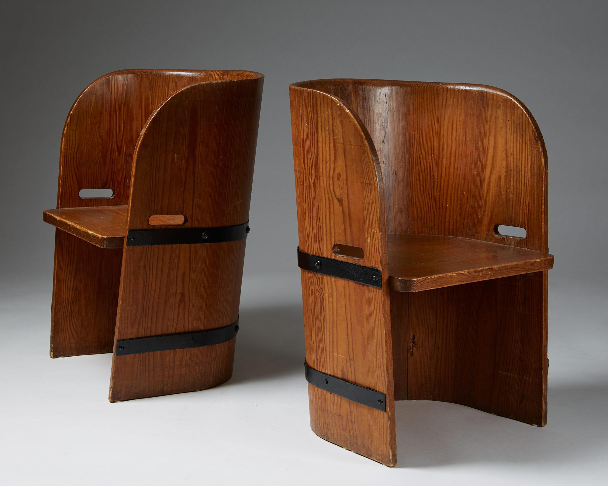 Pair of armchairs anonymous, Sweden, 1940s.
Solid pine and iron.

Measures: H 76 cm/ 30''
W 54 cm/ 21 1/4''
D 44 cm/ 17 1/4''
Seat height 39.5 cm/ 15 1/2''.