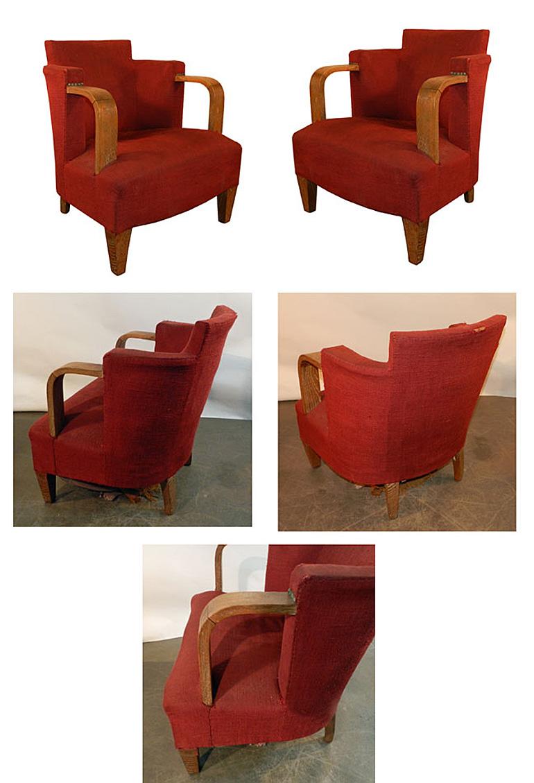 Pair of oak and velvet armchairs Art Deco, circa 1930-1940.